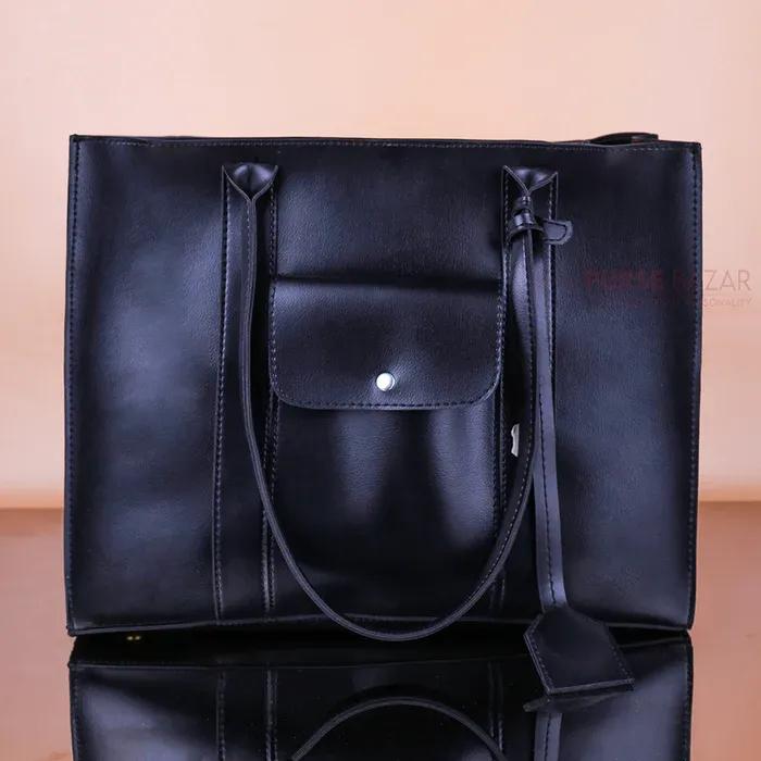Pull & Bear Black Faux Leather Tote Bag with Front Pocket, Tassel Strap & Gold Hardware - Women's Minimalist Shoulder Handbag